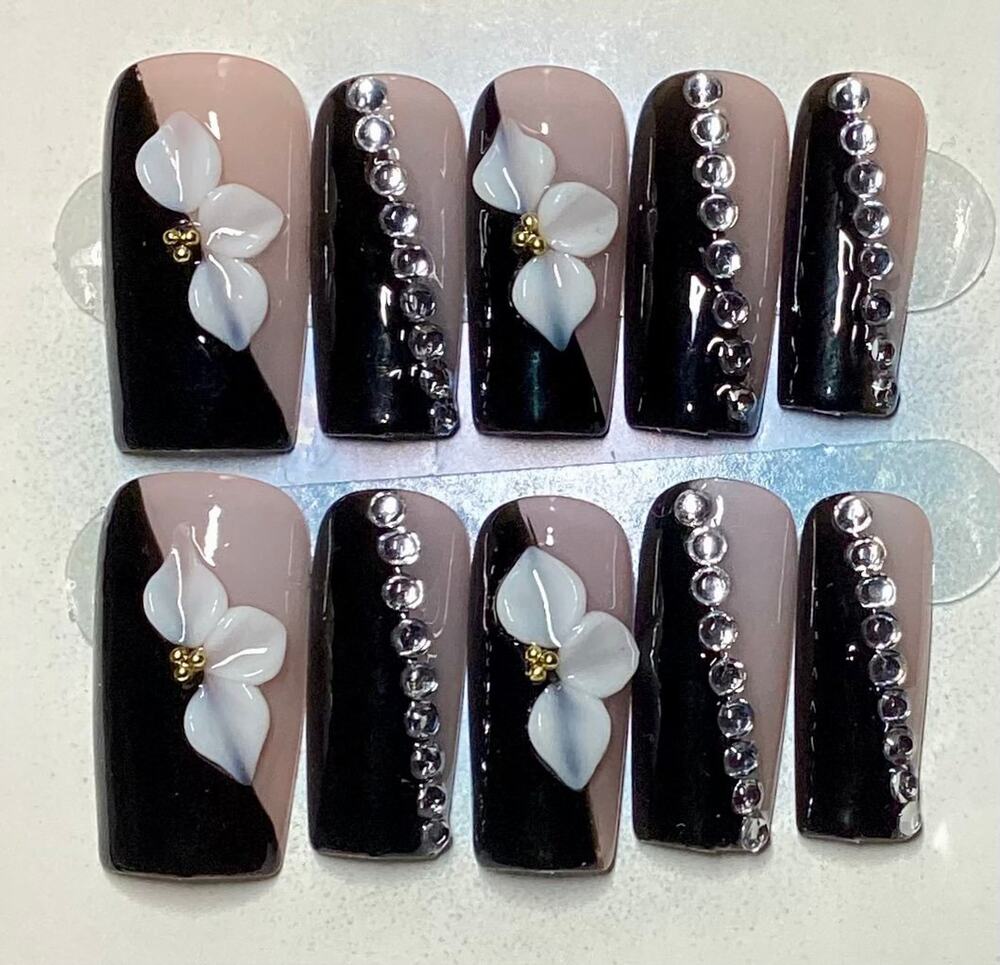 3D Flower Gems Black Asymmetric French Tip Square Press-On Nails Large